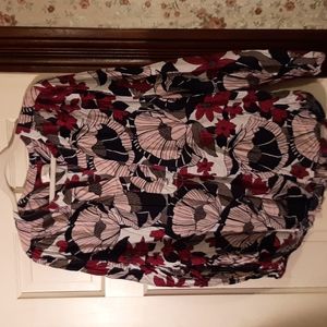 Loft blouse. Abstract floral pattern. White background. Navy, pink. And magenta